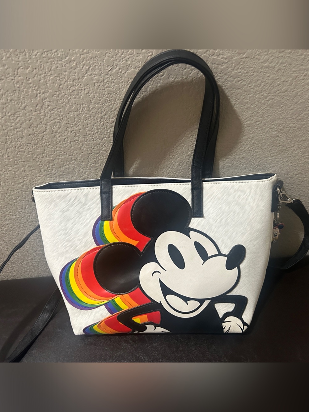 Disney White Tote Bag with Black Handles and Rainbow Mickey Graphic